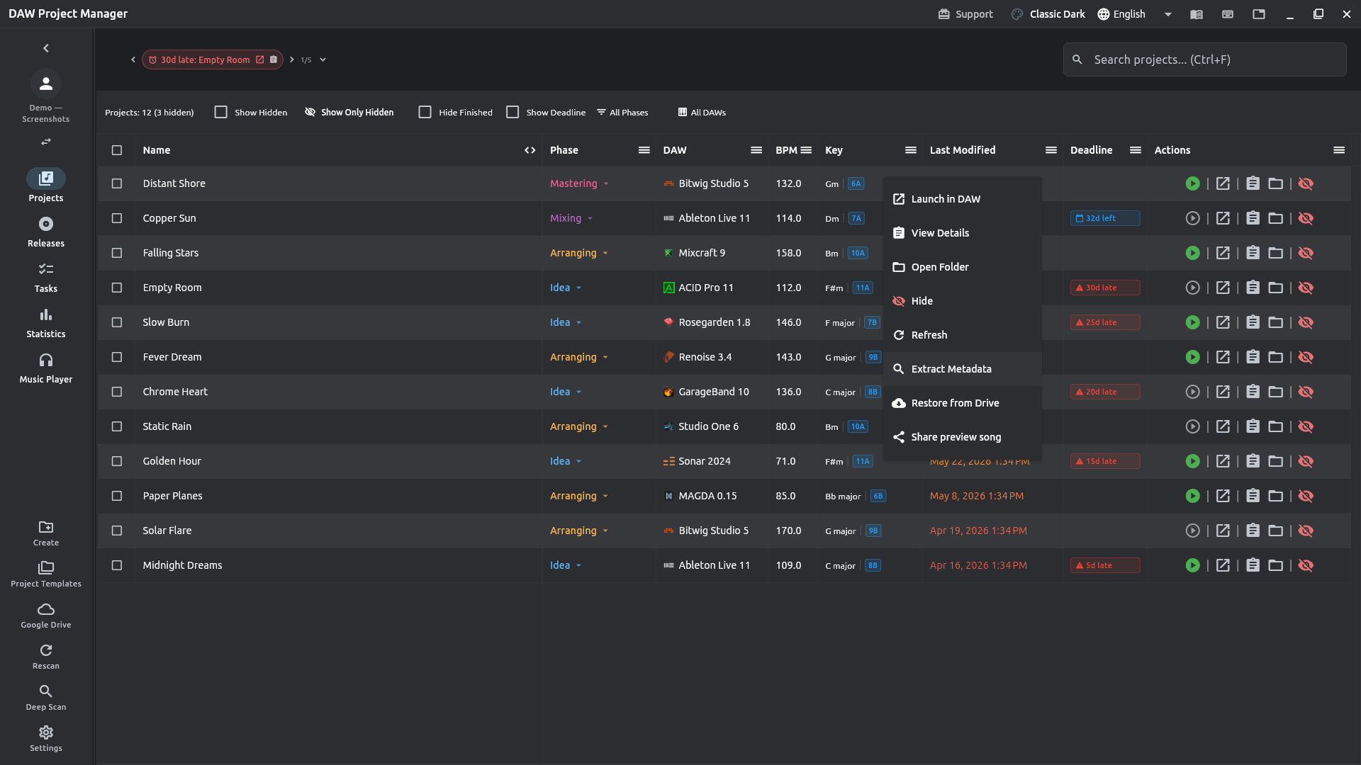Extract Metadata option in a project's action menu