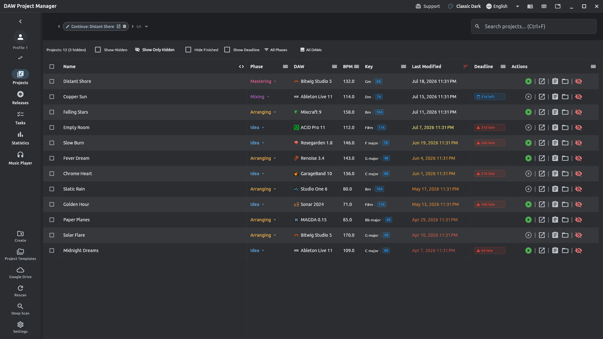 DAW Project Manager dashboard showing a table of projects across several DAWs, phases, and BPMs