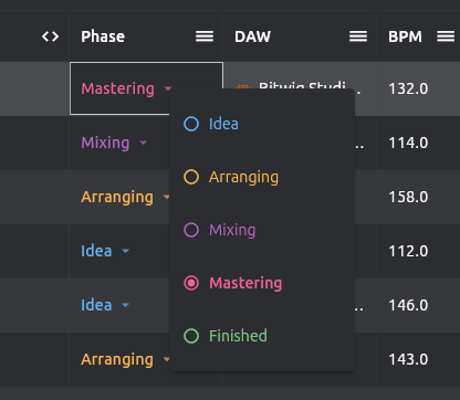 Changing a project's phase directly from the dashboard table