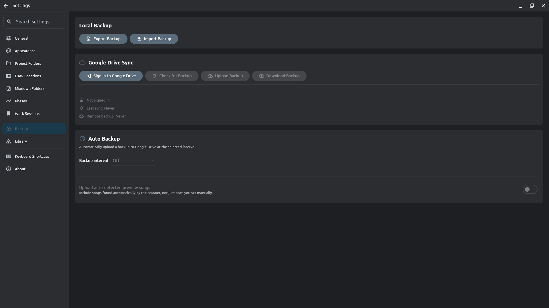 Settings — Google Drive Sync, with sign-in and auto-backup controls
