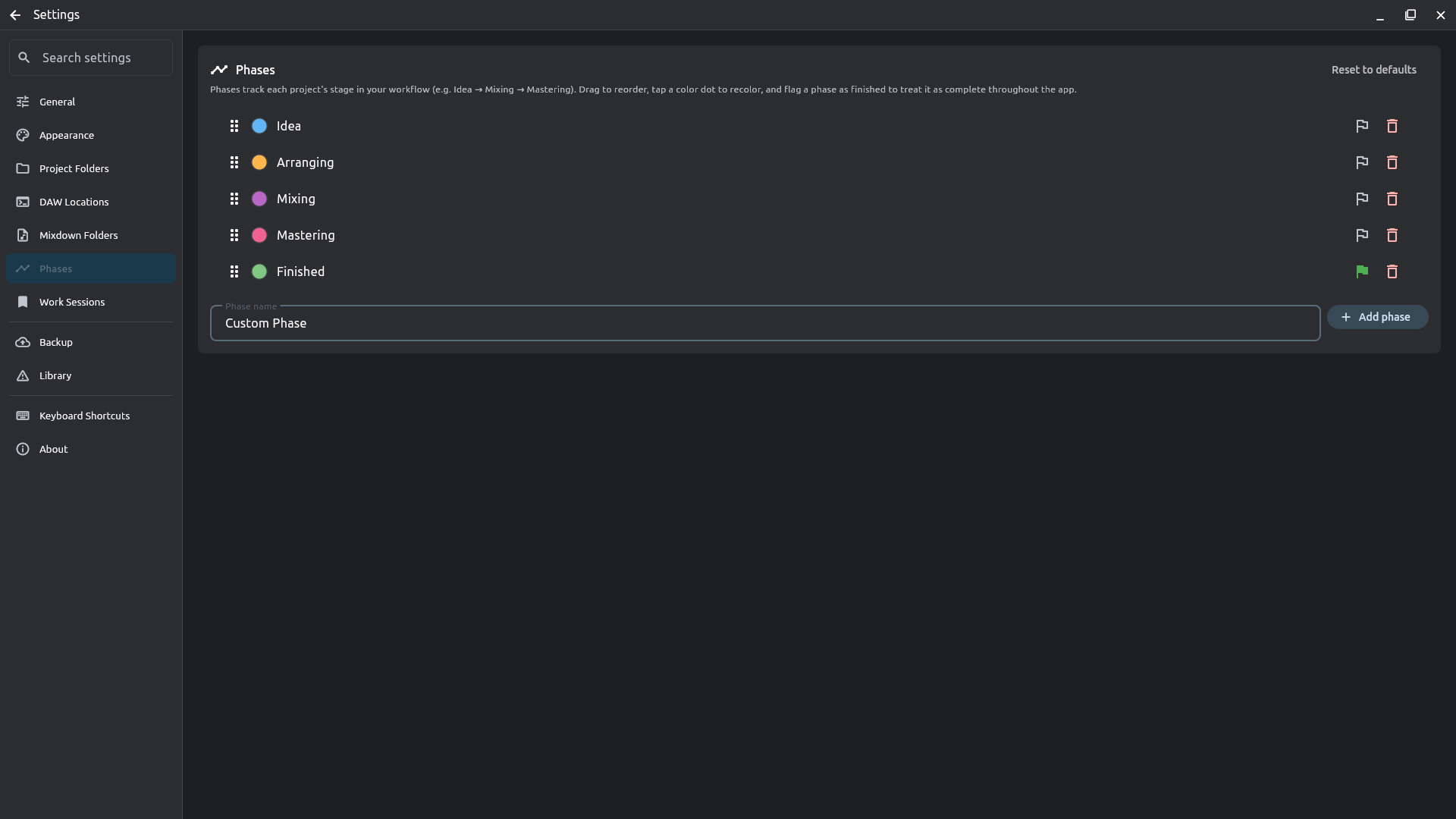 Phases settings — reorder, recolor, and rename production phases