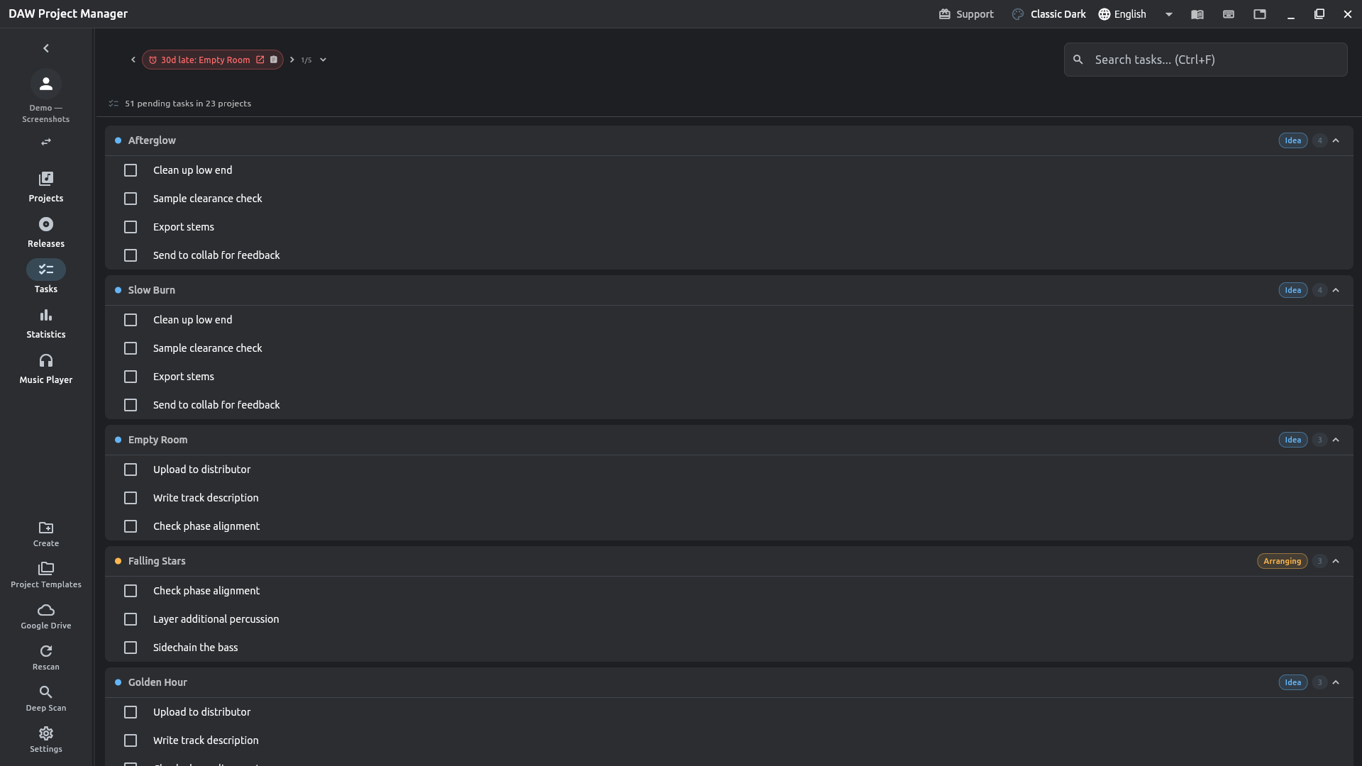 Task Queue tab showing pending todos grouped by project
