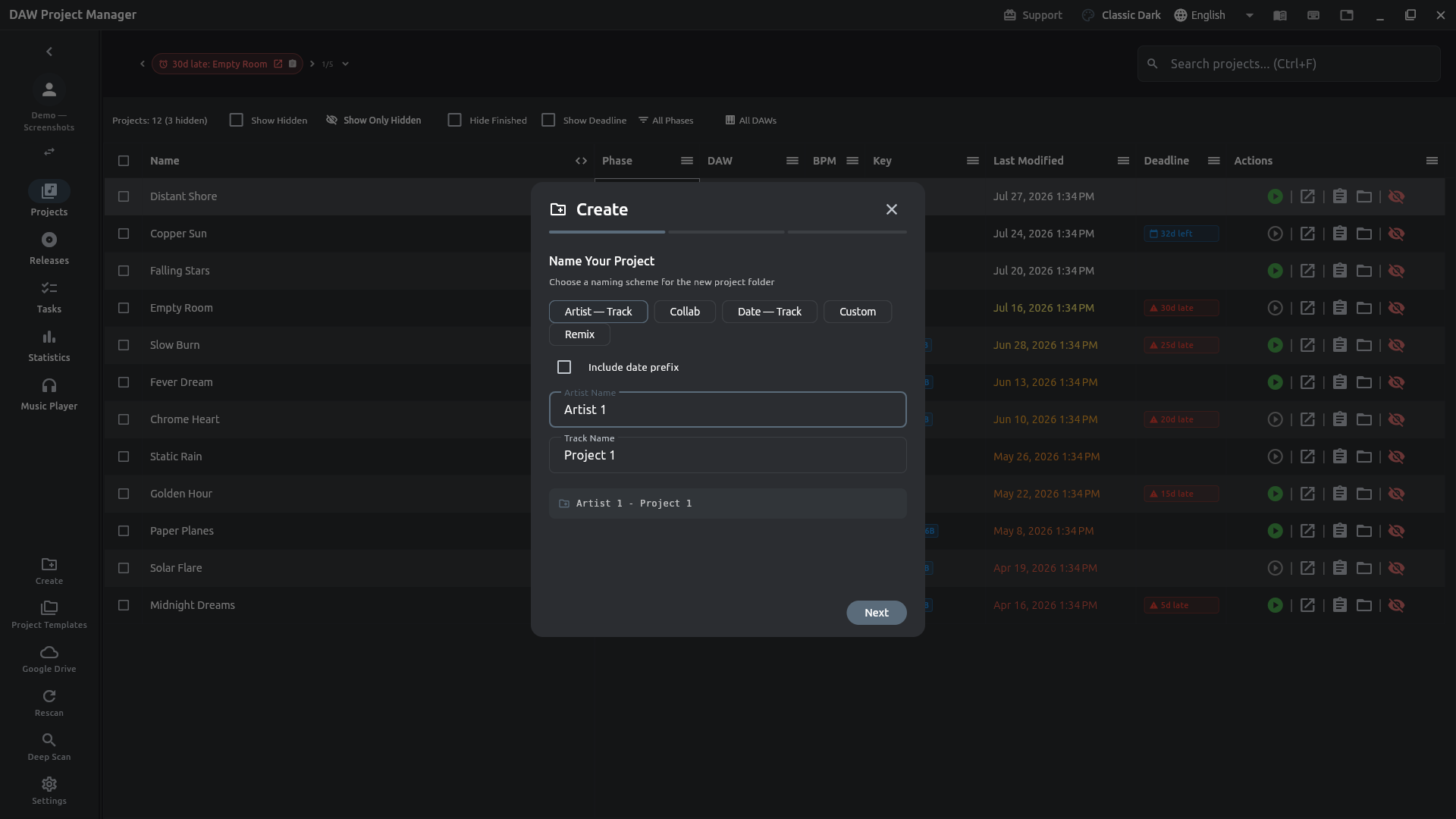 Create dialog for a new project, with a naming scheme selected