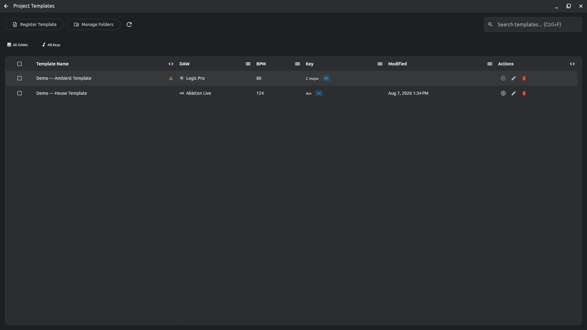 Project Templates page listing saved templates